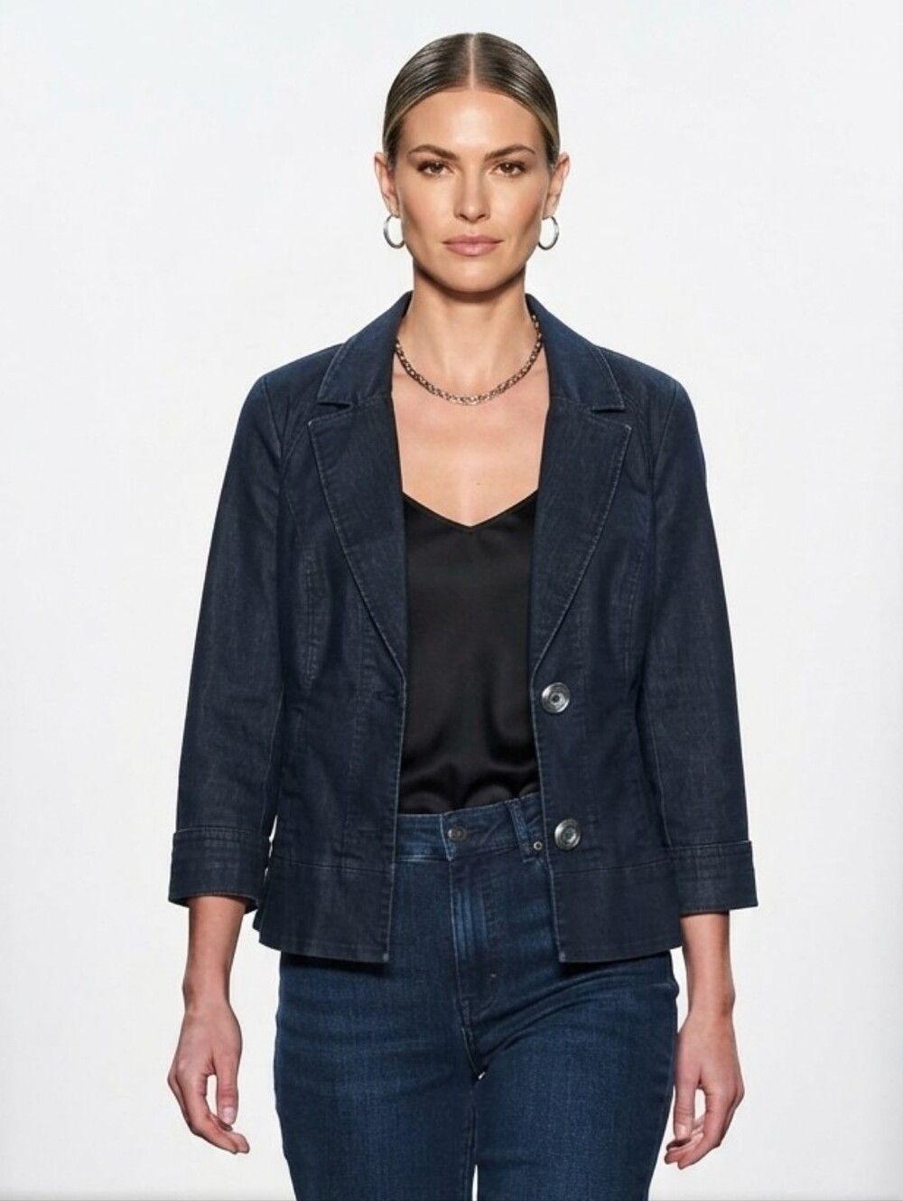 Apostrophe Stretch Dark Wash Denim Blazer Jacket Large Y2K Inspired
